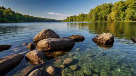 Landscape of a lake with rocks and forest in the background.の写真素材