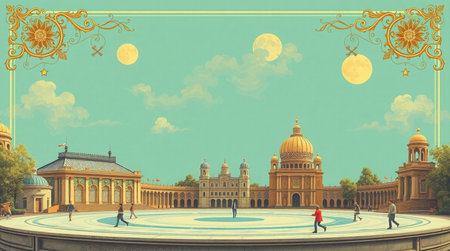 Vintage background with people walking on the square in front of a cathedralの写真素材