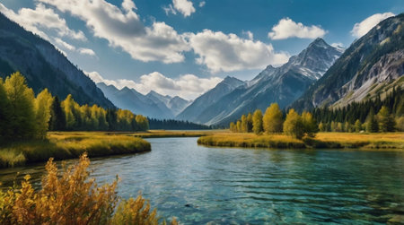 Autumn landscape with mountain lake and forest in Altai, Russiaの写真素材
