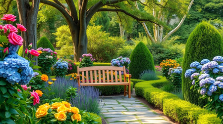 Beautiful garden with wooden bench and blooming hydrangeas.の写真素材