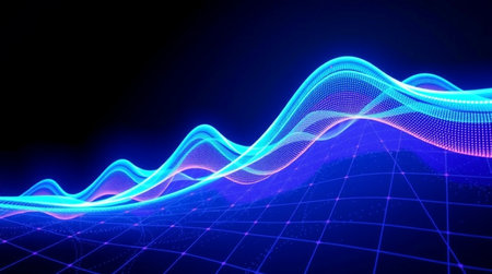 3D illustration of abstract digital technology background with glowing particles and wavesの写真素材