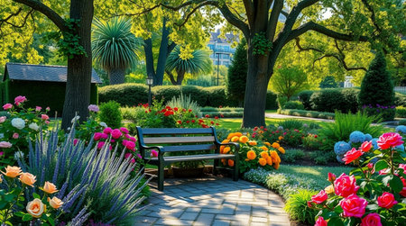 Beautiful summer garden with bench and blooming flowers in the parkの写真素材