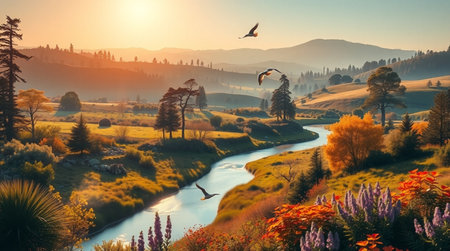 Beautiful summer landscape with meadow, forest and river at sunsetの写真素材