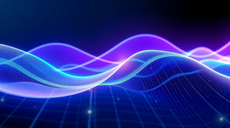 3d render, abstract technology background, blue and purple lines, glowing particles, wave flow