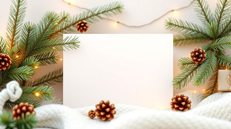 Christmas greeting card mockup with fir branches, pine cones, garland lights on white knitted plaid.の写真素材