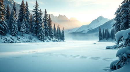 Fantastic winter landscape with snow covered fir trees and frozen lake.