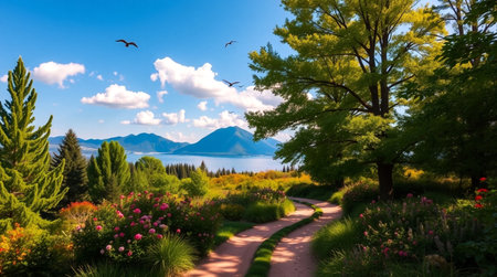 Beautiful view of a lake and mountains in summerの写真素材