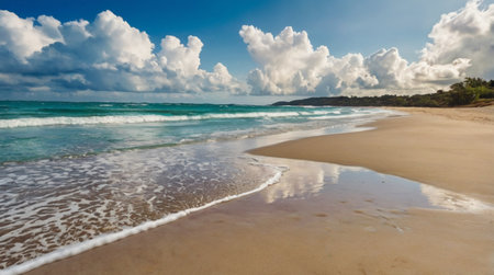 Tropical beach with white sand, turquoise water and blue sky