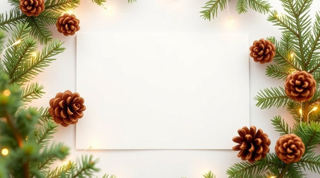 Christmas greeting card mockup with fir tree branches, pine cones and garland lights on white backgroundの写真素材