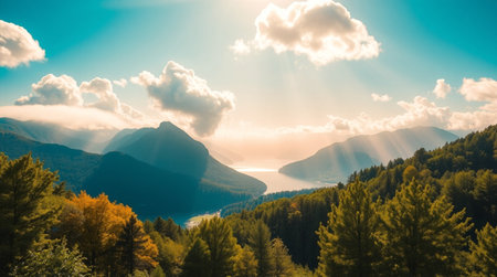 Mountain landscape with lake and forest at sunrise. Beautiful natural backgroundの写真素材