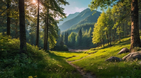 Beautiful mountain landscape with a path in the middle of the forestの写真素材