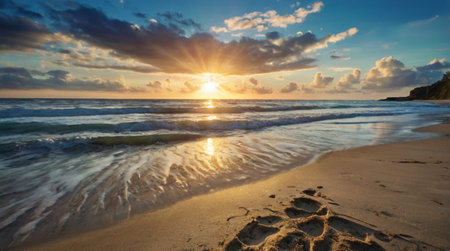 Beautiful sunset over the sea. Panoramic view of the beach.の写真素材