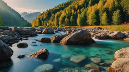 Mountain river in the Altai mountains. The concept of active and photo tourismの写真素材