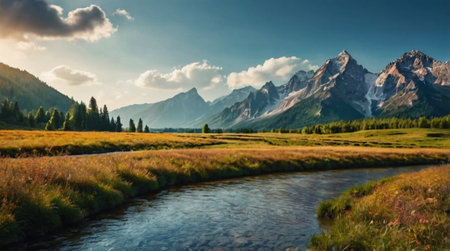 Panoramic view of a mountain river in the Altai mountainsの写真素材