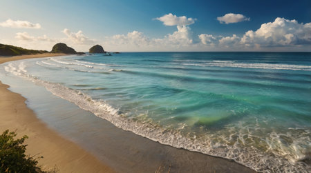 Panoramic view of sandy beach with turquoise sea and skyの写真素材