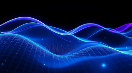 3d render of abstract technology background. Futuristic blue and purple wave with glowing particles.