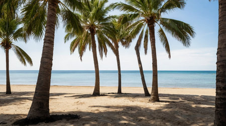 Palm trees on the beach with blue sky and sea background.の写真素材