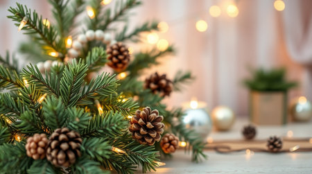 Christmas tree branches with pine cones and garland lights on light backgroundの写真素材