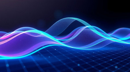 abstract wave technology background with glowing particles. 3d rendering, 3d illustration.の写真素材