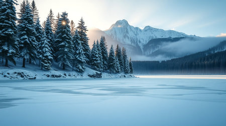 Beautiful winter landscape with snow covered mountains and frozen lake. Toned.の写真素材