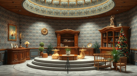 3D rendering of a classic library with a Christmas tree in the backgroundの写真素材