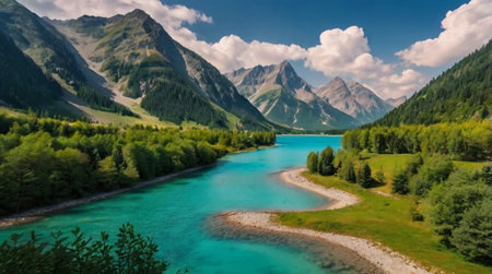 Panoramic view of a mountain lake in the Alps, Austriaの写真素材