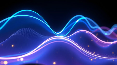 3D rendering of abstract digital waves with glowing particles on dark background