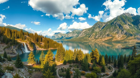 Panoramic view of turquoise lake in the mountains with coniferous forest