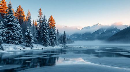 Fantastic winter landscape with snow covered fir trees and lake in mountainsの写真素材