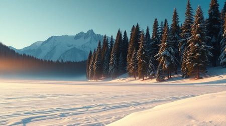Foggy winter morning in the mountains. Panoramic view.の写真素材