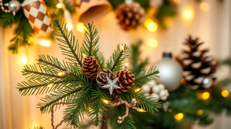 Christmas tree branches with pine cones and garland lights on blurred backgroundの写真素材