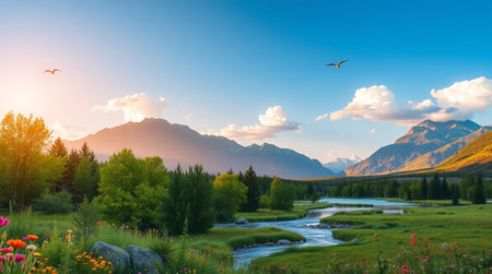 Mountain landscape with river and meadow at sunset.の写真素材