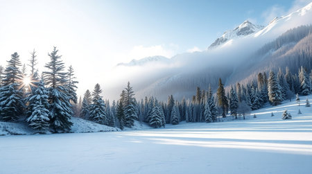 Beautiful winter landscape with snow covered fir trees and mountains in the backgroundの写真素材