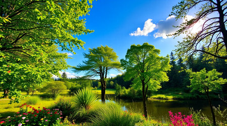 Landscape with pond and green trees on sunny day. Nature backgroundの写真素材