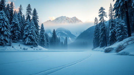Fantastic winter landscape with snow covered fir trees and mountain lakeの写真素材