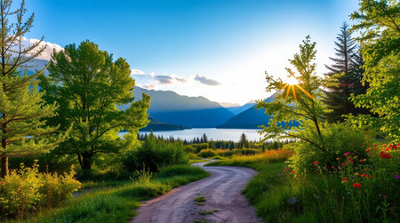 Panoramic view of a lake at sunset.の写真素材