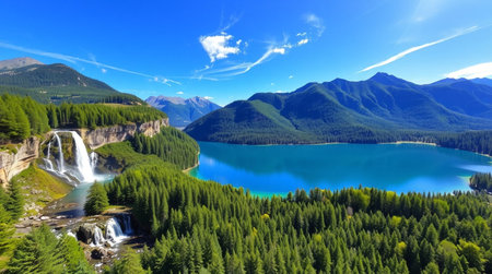 Fantastic panoramic view of turquoise lake and high mountainsの写真素材