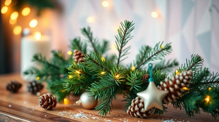 Christmas tree branches with pine cones and garland on a wooden background.の写真素材