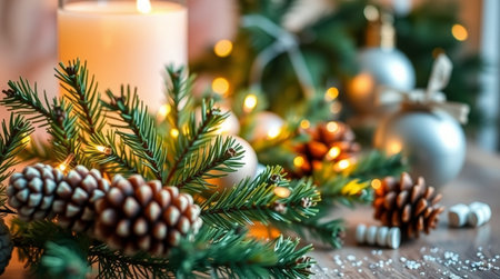 Christmas decoration with candles and fir branches on wooden table, closeupの写真素材