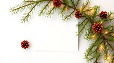 Christmas greeting card mockup with fir branches, pine cones and garland on white background