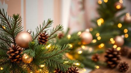 Christmas tree branch with golden balls and bokeh lights background.の写真素材