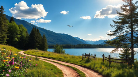 Beautiful summer landscape with mountain lake, forest and blue sky.の写真素材