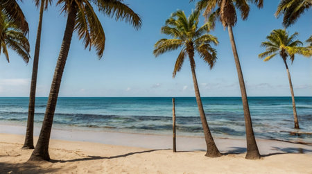Coconut palm trees on the sandy beach in the tropicsの写真素材
