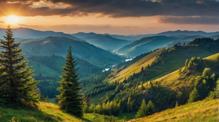 Beautiful mountain landscape at sunset. Carpathian, Ukraine, Europe.の写真素材