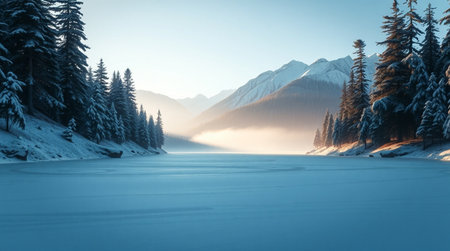 Beautiful winter landscape with frozen mountain lake and snow covered fir treesの写真素材