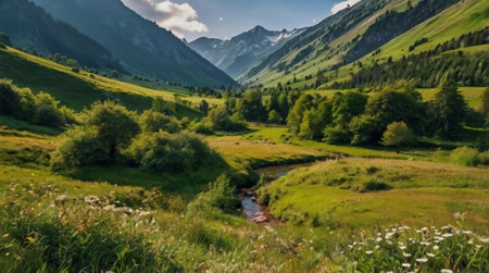 Panoramic view of the mountain river in the valley. Beautiful summer landscape.の写真素材