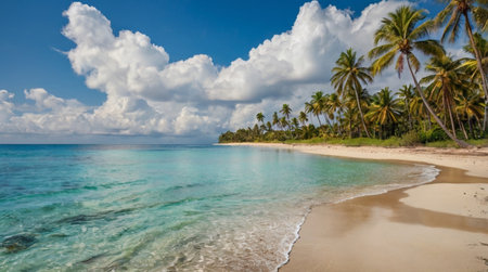 Beautiful tropical beach with coconut palm trees and turquoise seaの写真素材