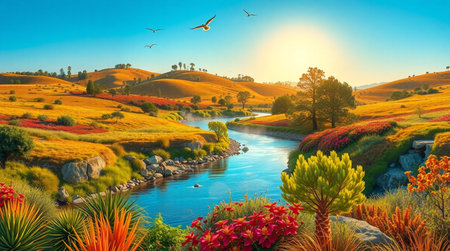 Beautiful spring landscape with colorful flowers and river at sunset time.の写真素材