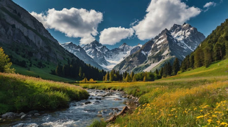 Beautiful alpine landscape with mountain river and blue sky with clouds
