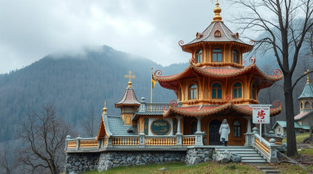 Wooden house in the mountains of Buryatia, Russiaの写真素材